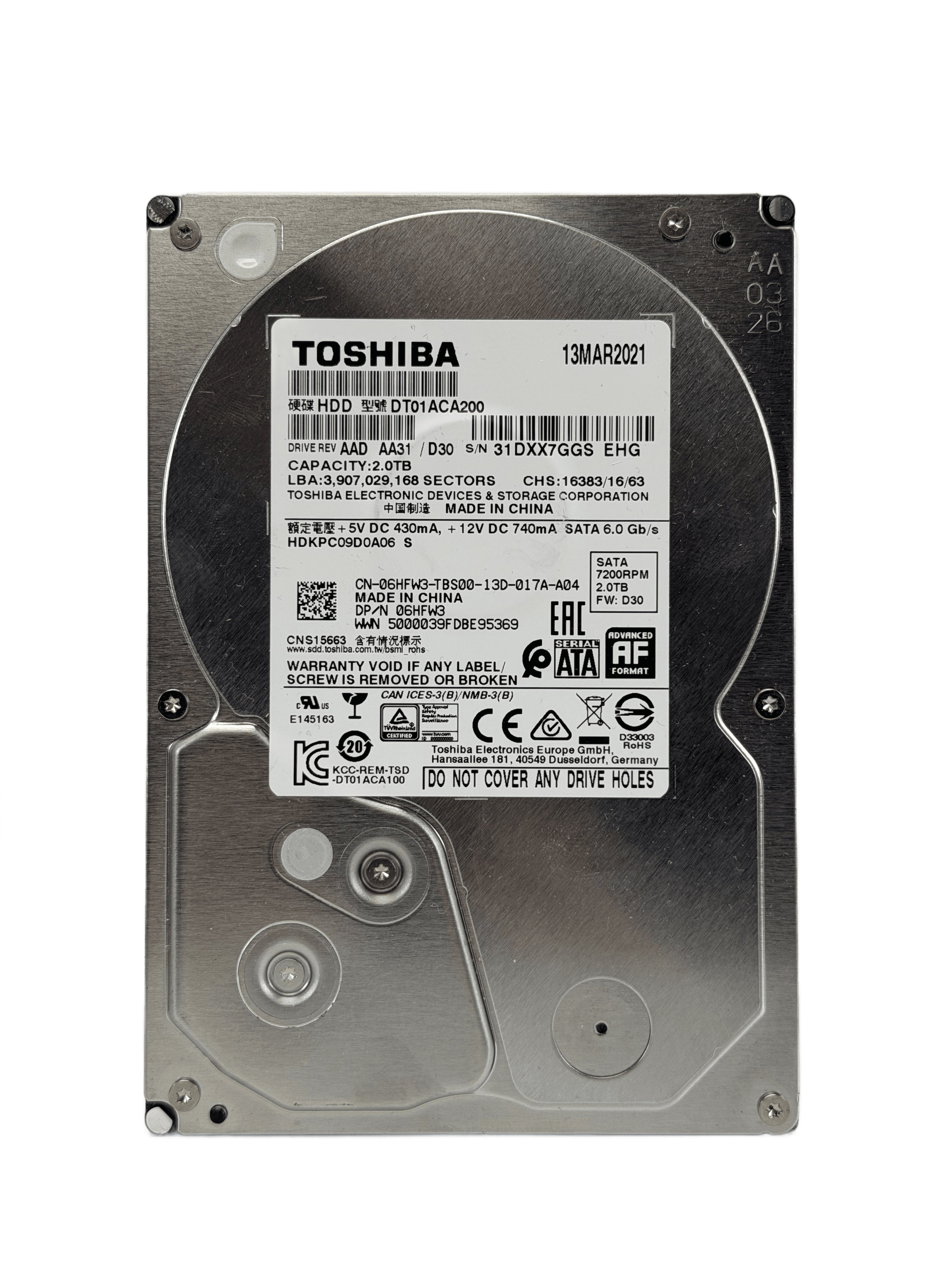 Toshiba 2TB 3.5" SATA Hard Drive — Used, Working — photo 1