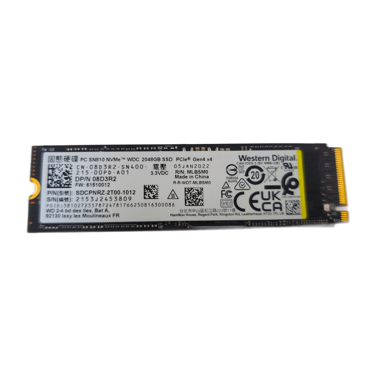 WD PC SN810 2TB NVMe M.2 2280 SSD (SDCPNRZ-2T00, PCIe Gen4) — Used, Working — photo 1
