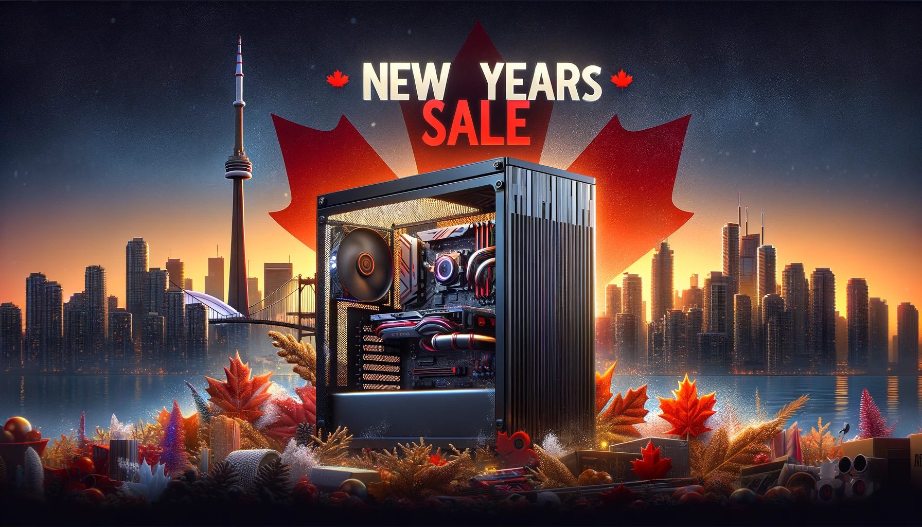 Build Your Own Fully Built Pcs DALL E 2023 12 29 12.43.31 A Banner Image For A New Year S Sale Featuring A Different Custom Water Cooled Gaming PC Against A Canadian Themed Background. The Background Include 
